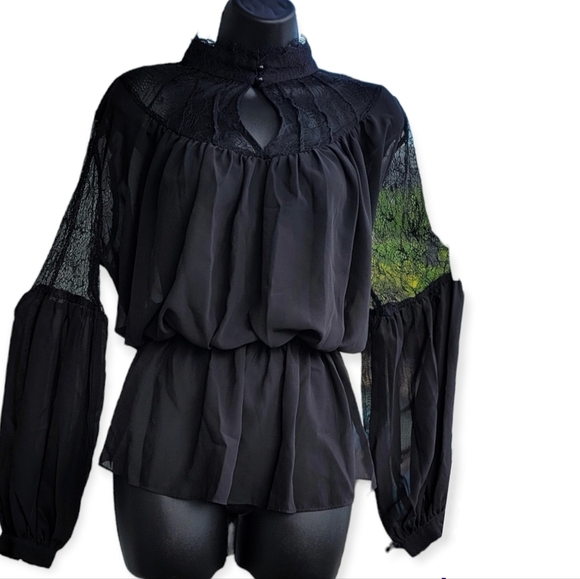 La Bellum Hillary Scott Peplum Blouse Size L Lace Bishop Long Sleeves Black - Picture 1 of 6